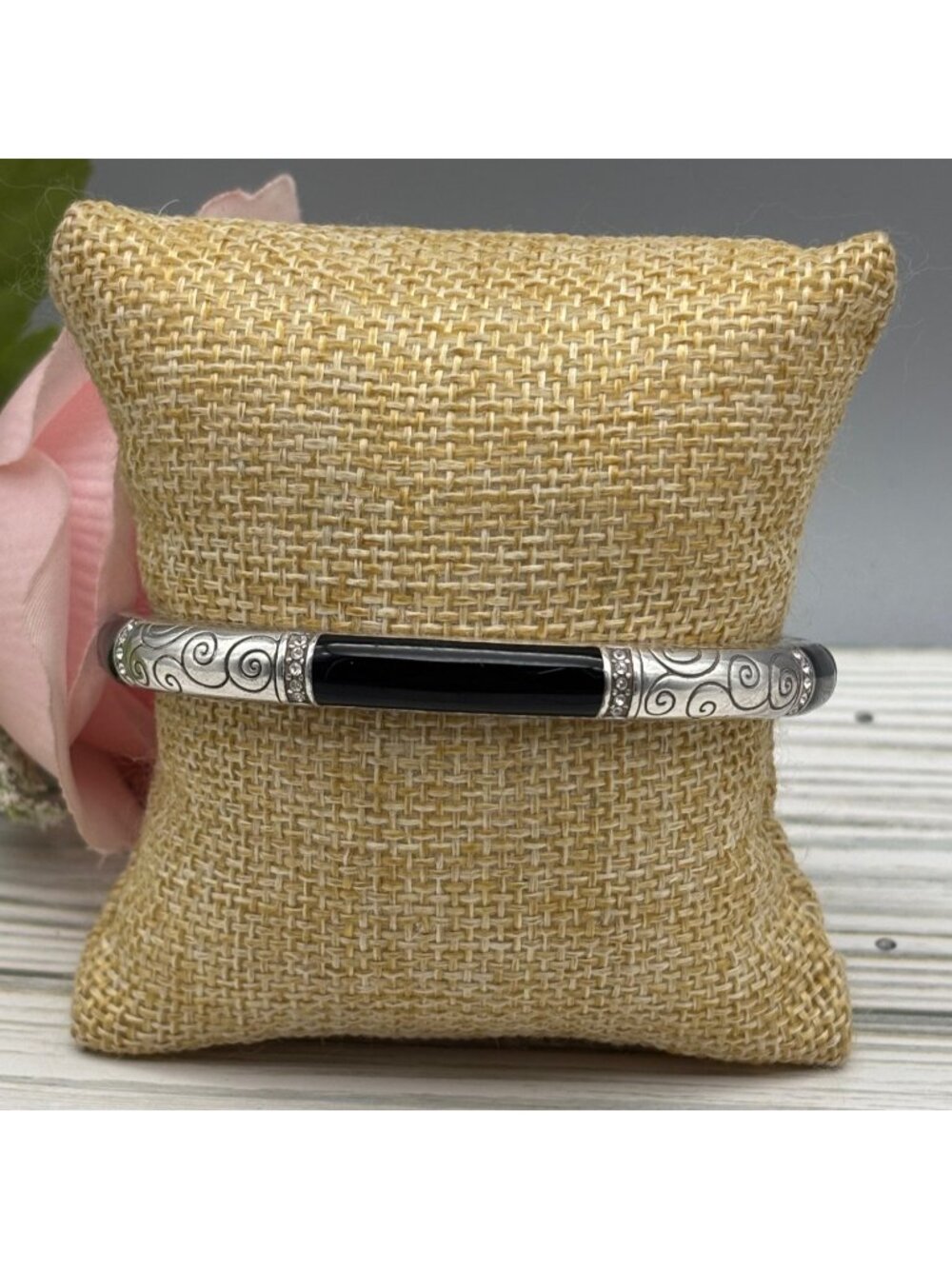 Brighton Wiltern Silver Crystals Black Enamel Hinged Bangle Bracelet
